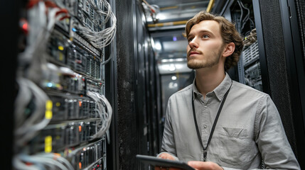 Young engineer in a server room, focused on technology and innovation.