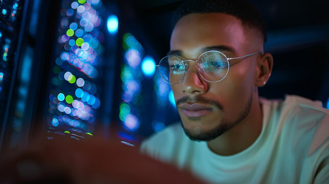 Young engineer in a server room, focused on technology and innovation.