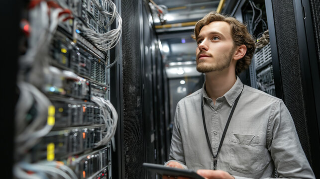 Young engineer in a server room, focused on technology and innovation. - Powered by Adobe