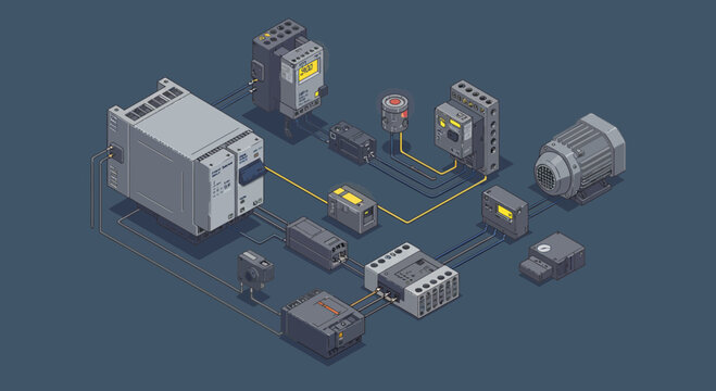 Isometric Automation System Illustration Showcasing Programmable Logic Controller Components