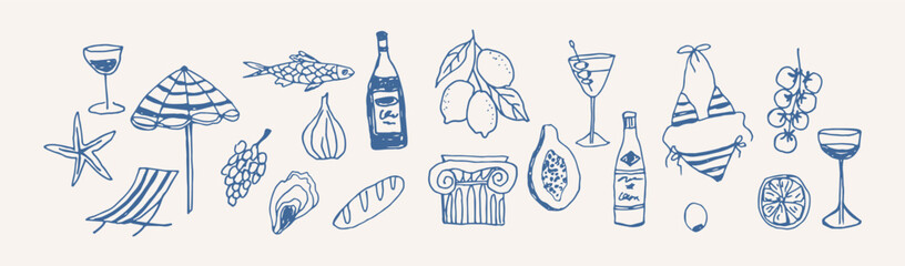 Hand drawn doodle mediterranean elements collection