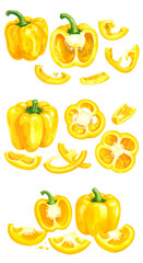Vibrant yellow bell peppers sliced and whole, showcasing their fresh and colorful appeal.