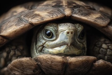 Curious turtle peeking from its shell, showcasing macro details and natural textures in a studio setup