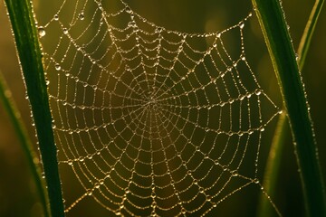 Naklejka premium Spiderweb covered in dew drops hanging between blades of green grass