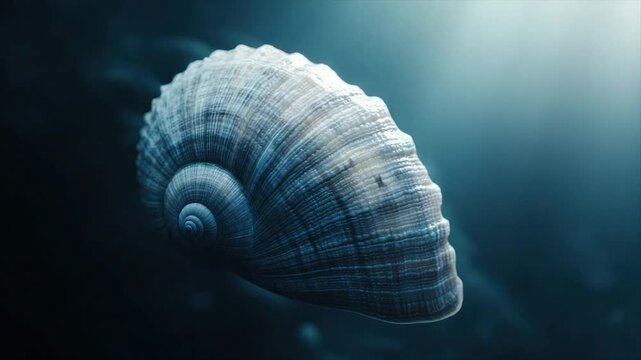A seashell, bathed in ethereal light, floats in an underwater realm. Detailed spiral patterns on its shell are beautifully illuminated