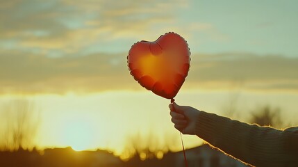 A person holding a heart shaped balloon with a soft golden sunset in the background
