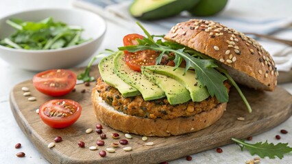 Delicious lentil burger topped with fresh avocado and tomatoes served on a sesame seed bun in a bright kitchen setting