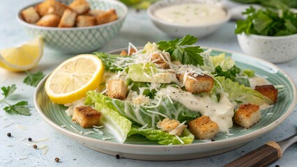 Fresh caesar salad with crisp romaine, savory croutons, and zesty lemon, perfect for a healthy lunch or dinner