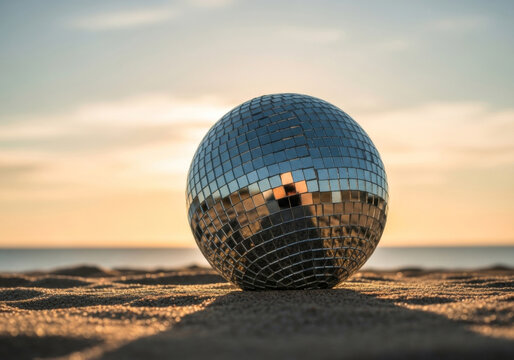 Reflective disco ball on sandy beach at sunset for party and event design