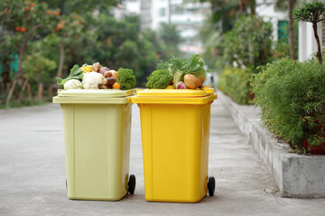 clean urban garden scene featuring composting containers filled with organic waste surrounded by greenery