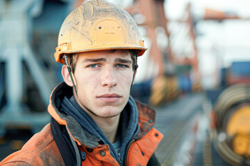 A young male construction worker in a hard hat and safety jacket stands outdoors at an industrial worksite.