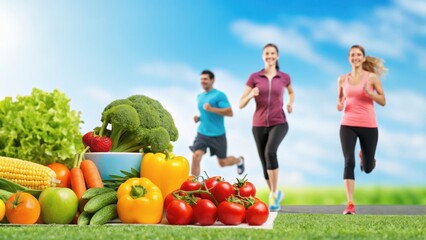 Healthy lifestyle with runners and fresh vegetables in a vibrant outdoor setting, promoting fitness and nutrition.