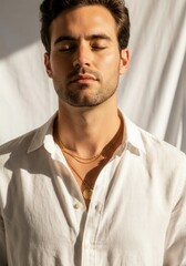 Fototapeta premium Relaxed young man in white shirt with sunlit backdrop