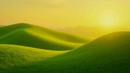 Serene Green Hills Under Soft Sunrise Light with Gentle Shadows and Warm Atmospheric Glow