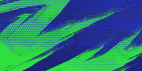 Abstract Sport Background with Green and Blue Brush Texture and Halftone Effect. Dirty Grunge Background