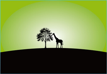 Naklejka premium lanscape with the silhouette of a giraffe and a tree in Africa Vector illustration.