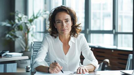 Obraz premium A confident businesswoman in a white shirt sits at a desk in a modern office, holding a pen and looking at the camera.