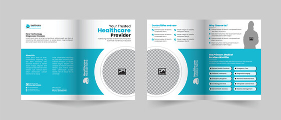 Medical healthcare service bifold brochure design or hospital clinic promotion brochure template, Multipurpose template with cover, back, and inside pages layout