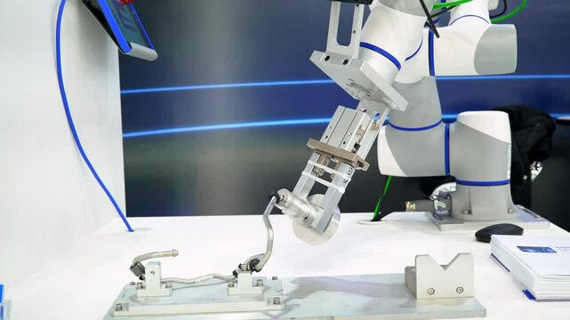 Next generation collaborative robot tightens fasteners on curved pipe at high tech trade show. Robotic assembly boosts productivity, robotic assembly transforms modern work processes