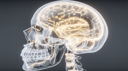 Side view of a detailed, glowing, and wireframe anatomical human brain and skull