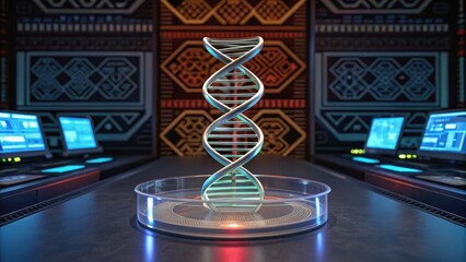 3D representation of a DNA double helix in a futuristic lab setting with advanced screens and vibrant patterns in the background.