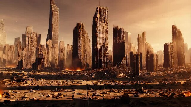 Dramatic urban apocalypse scene with burning cityscape and crumbling buildings