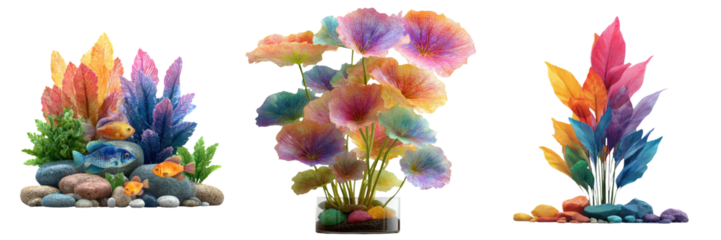 Colorful artificial aquarium plants and decorative gemstone-inspired stones with tropical fish, vibrant aquatic decor for pet supply branding, online store marketing and fish tank lifestyle