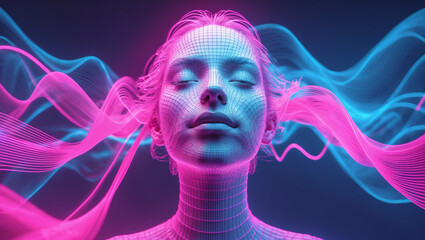 Tranquil Digital Portrait of Woman with Ethereal Sound Waves &ndash; Generative AI in 4K