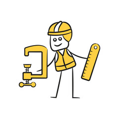 doodle engineer holding c clamp and ruler character