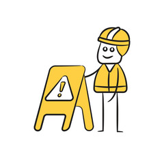 doodle engineer and caution signage character