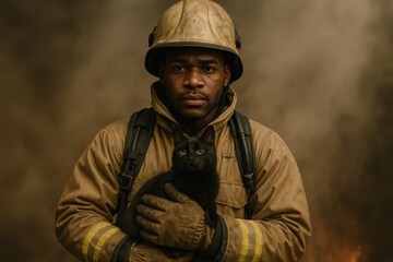 Obraz premium Brave firefighter rescues black cat from smoke-filled scene in protective gear