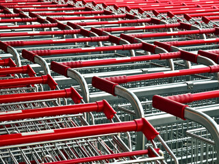 A row of shopping carts is neatly lined up in a straight row