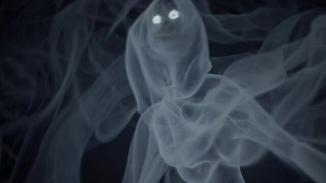 Ghostly figure forming from smoke on black background