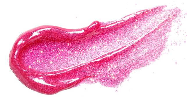 Smudge of lip gloss with glitter on white background, realistic cosmetic texture png 