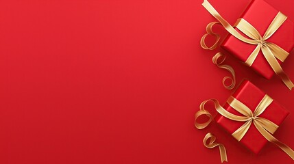 Festive red background with two elegant square gift boxes adorned with golden bows, featuring smooth ribbon details and minimalist composition for holiday celebrations