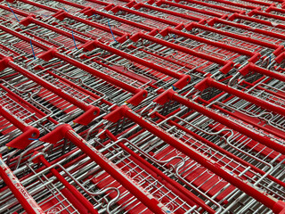 A row of shopping carts is neatly lined up in a straight row