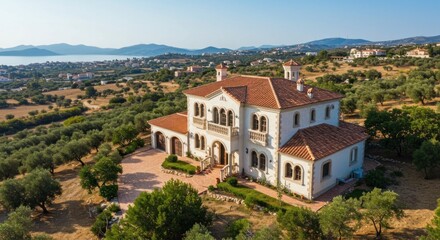 Obraz premium Mediterranean villa atop olivedotted hillside