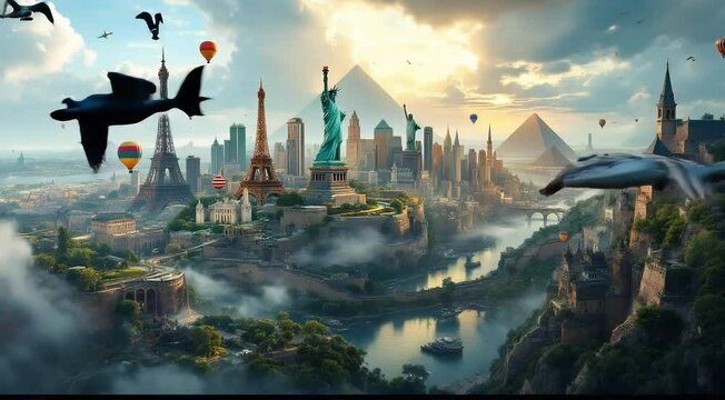 World landmarks united fantasy cityscape hot air balloons