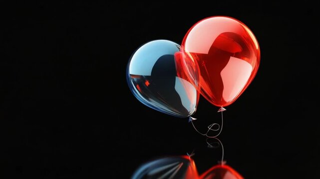 Two glossy heart-shaped balloons in red and blue reflecting on a dark surface