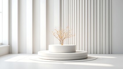 Minimalist White Room Interior Design with Elegant Golden Branch Display on Circular Pedestal