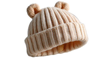 Bear-Eared Hat: A cozy, light-colored knitted hat is presented, featuring adorable bear ears. Crafted with soft material, it symbolizes warmth and comfort. 