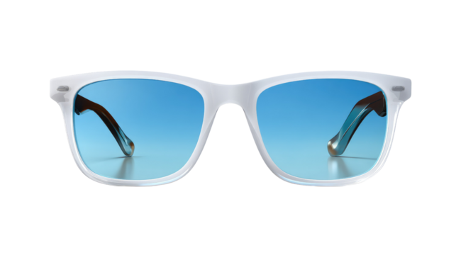 Sunglasses with blue lenses: A close-up of a pair of stylish sunglasses, featuring a sleek white frame and captivating blue lenses. These sunglasses are a fashion statement. - Powered by Adobe