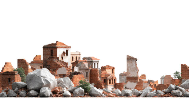 City in Ruins: A city ravaged by time, with weathered brick structures reduced to rubble and scattered rocks, evoking a sense of historical significance and loss.