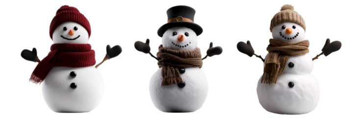 set of snowmen dressed in hat and scarf, Christmas new year object isolated on transparent background