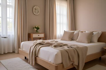 room design in a house or apartment in beige tones (style 'beige mama'), in the bedroom there is a bed with pillows, a dresser, a vase with flowers, curtains, and a blanket
