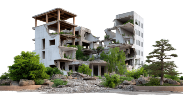 Wrecked building after disaster: A crumbling building stands as a symbol of destruction, showcasing the raw power of nature's force.