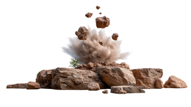 Rock Explosion: A powerful, dynamic scene capturing the explosive force of a rock fragmentation, with stunning detail and impact, revealing the raw energy of geological events.