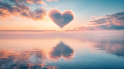 A heart shaped cloud floating in the sky over a calm lake with soft morning light reflecting on the water