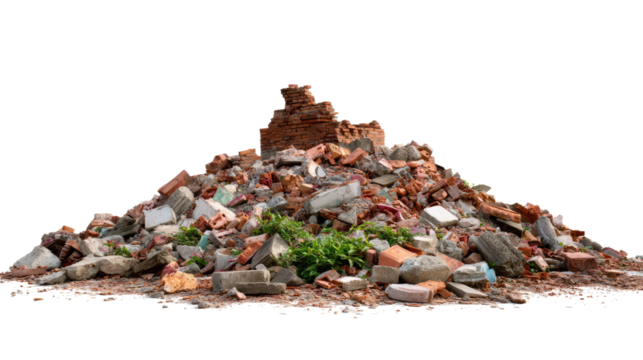 Debris of destruction: A pile of shattered construction rubble stands as a stark symbol of demolition and ruin. Each fragment whispers a tale of discarded building materials.