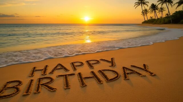Happy birthday written on the sand at sunset with palm trees
